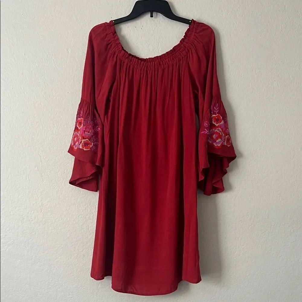 Lux II Off-Shoulder Embroidered Mini Dress Red Boho Peasant Fairy in Size 4